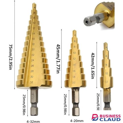3Pcs HSS Step Drill Bit Set (4-12mm/4-20mm/4-32mm) with Auto Center Punch – Durable Bits for Sheet Metal, Steel, Wood, Plastic & More – For Gun/Bench Drills, Use Coolant for Longer Life