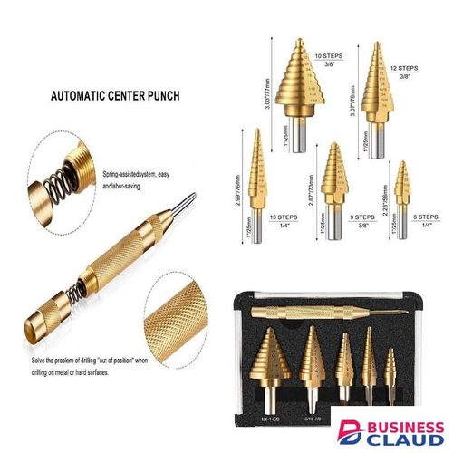 High Speed 5pcs Step Drill Bit Pyramid Step Drill Bits For Woodworking Cast Iron Work + automatic punch