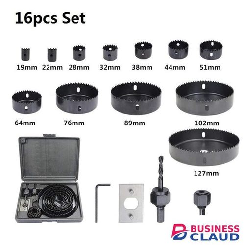 16 PC Hole Saw Set KIT with 12 Carbon Steel Cups for Cutting Accurate Holes in Wood Drywall Plastic PVC and Soft Materials