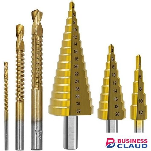 6 Pcs Titanium Coated Step Drill Bits Set, 3 Sizes of Step Drill and 3 Sizes of Twist Drilling Bits, Durable Metal and Wood Drilling Kit, for Metalworking, Woodworking