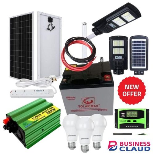 Sunlight Solar 100Watts solar panel full kit +80ah solar battery +300Watts solar inverter +10ah solar charge controller+free 50Watts solar street light +Extension +3 DC bulbs +10metres cable (5 black,5 red)