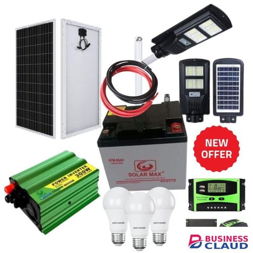 Sunlight Solar 100 Watts solar panel full kit +80 ah solar battery +300 Watts solar inveter+10 ah solar charge controller +free 50 Watts solar street light + 3 DC bulbs +10 metres cable(5 black,5 red)