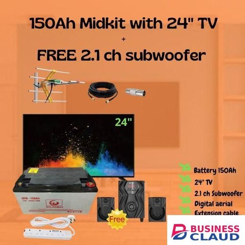 Solarmax 150Ah Solar Battery +24" TV + 2.1 Sub Woofer+ Digital Aerial +Extension Cable + Jack Pin