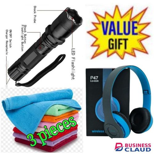 3-IN-1 RECHARGEABLE SELF-DEFENSE ELECTRIC SHOCK LASER POINTER TORCH + BLUETOOTH HEADPHONES +FACE TOWELS