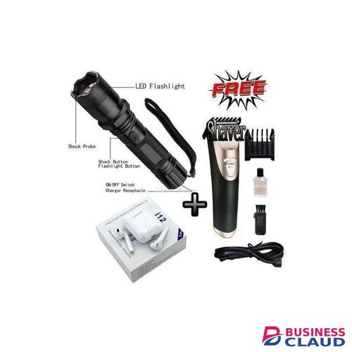 Ap Torches 3-in-1 Rechargeable Self-Defense Electric Shock Laser Pointer+ Free Earbuds I12TWS & Hair Clipper Trimmer