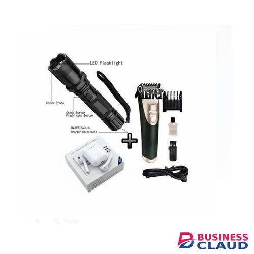 3-in-1 Rechargeable Self-Defense Electric Shock Laser Pointer Torch + Free Earbuds I12TWS & Hair Clipper Trimmer