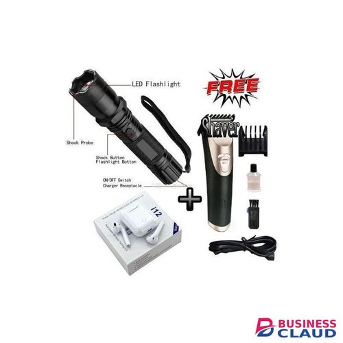 BRIGHT 3-IN-1 RECHARGEABLE SELF-DEFENSE ELECTRIC SHOCK LASER POINTER TORCH + FREE EARBUDS I12TWS & HAIR CLIPPER TRIMMER