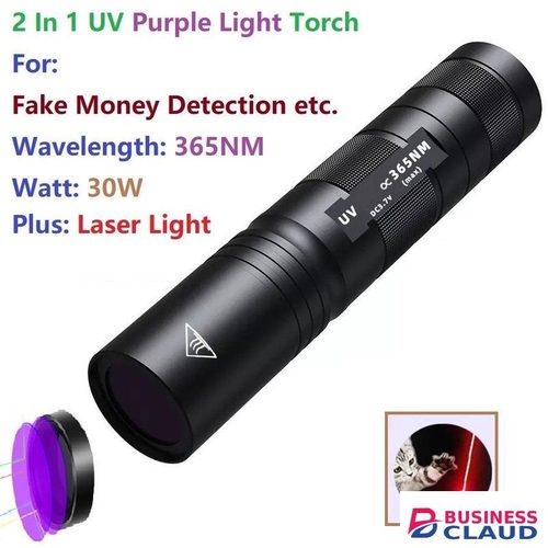 2 In 1 Small Chargeable UV Ultra Violet Purple Flashlight & Laser Pointer Torch For Amber Fake Money Currency Detector 395 Nm Wavelength - 2:22R