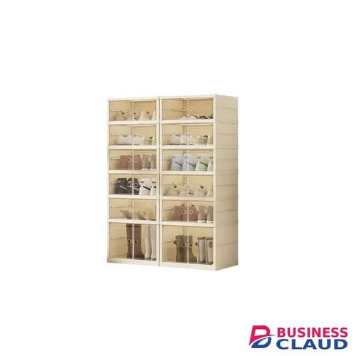Space-saving foldable shoe cabinet: slim when folded, roomy when used. Sturdy tiers hold shoes, sleek design fits decor