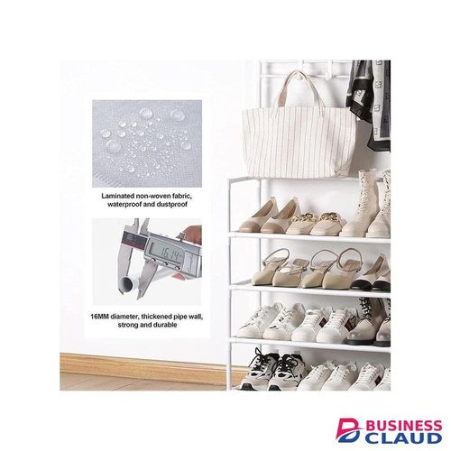 TodyJeyHo 5-Tier Metal Coat and Shoes Rack, Entryway Shoes Organizer with Hanging Hooks, Multi functional Hallway Organizer White