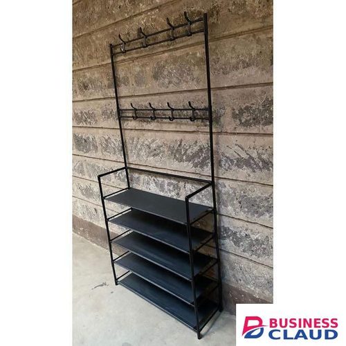 Multifunctional Entryway Coat Rack, Shoe Bench with Keys Hat Umbrella Metal Garment Stand Storage Shelves with 8 Hooks Hanger 4 Bottom Layer Organizer