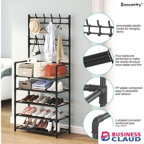 Quality 5-Tier Multifunctional Shoe, Hat And Cloth Hanger Rack - Black