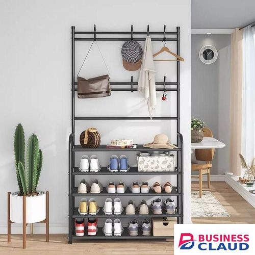 All-In-1 Shoe Rack/Coat Rack/Cap Scarf Bag Cloths Hanger - Black