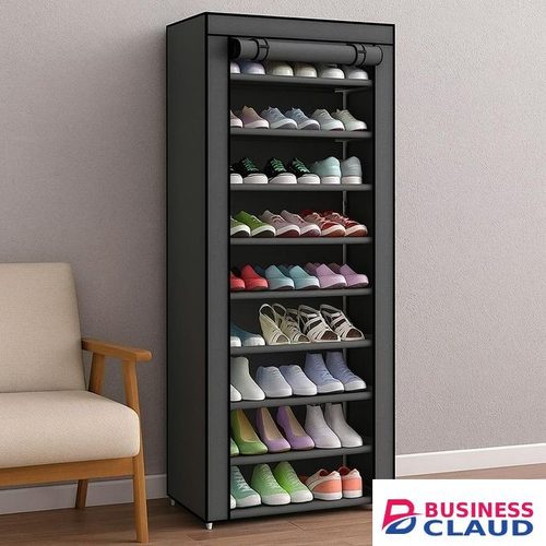 UrbanNest 10-Tier Covered Shoe Rack – Black Fabric Organizer