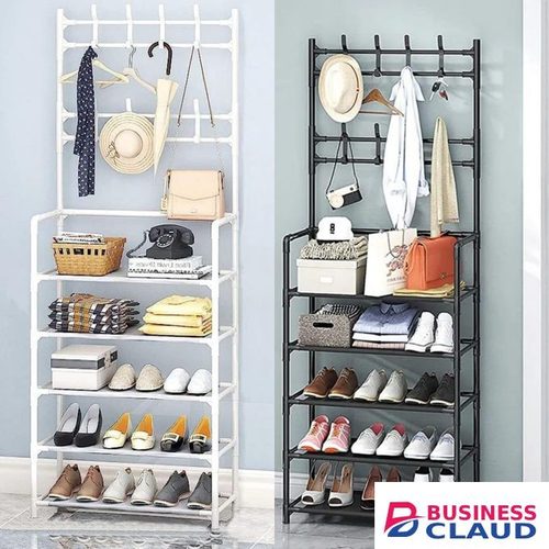 Multifunctional 5-Tier Shoe Rack Organizer with Coat & Hat Rack (8 Hooks)