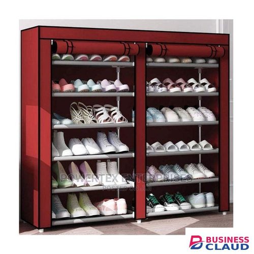 Double Column Free Standing Shoe Rack Organizer With Cover- brown