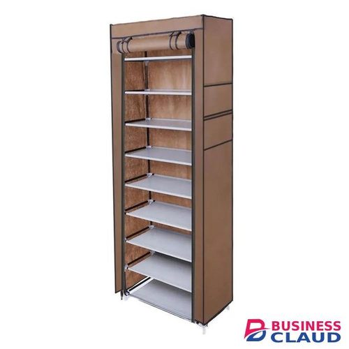 Brown Fabric Shoe Rack Multi Tier Storage Organizer with Roll Down Cover