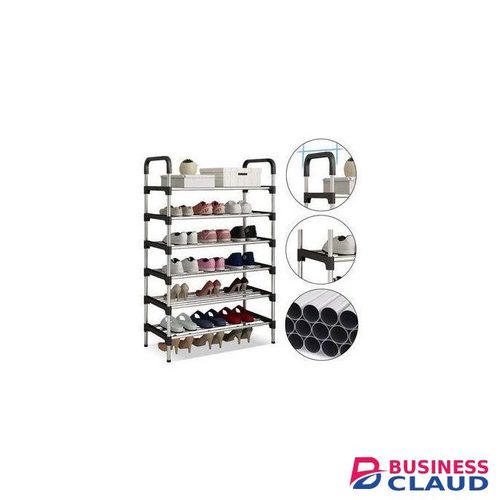 6 Tier Shoe Rack for Closet Shoe Organizer with 5 Hooks, Long Shoe Shelf Storage for Shoe and Boot Stackable Free Standing Shoe Rack for Entryway, Garage, Small Spaces, Dorm, Black