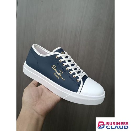 Santoni Inspired Men’s Sneakers – Navy Blue with White Toe Cap & Gold Detailing