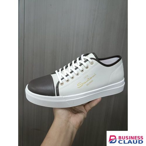 Santoni Inspired Men’s Sneakers – White with Dark Brown Trim & Gold Detailing