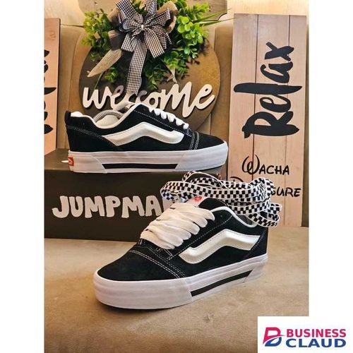 Unisex Puff Retro Skater Sneakers - Onyx Black & White - Oversized Fat Laces - Puffy Tongue Platform Trainers - Size 36-45 - Trendy Streetwear