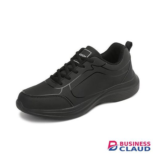 Unisex black leather lace-up sneakers with rubber sole - for men and women