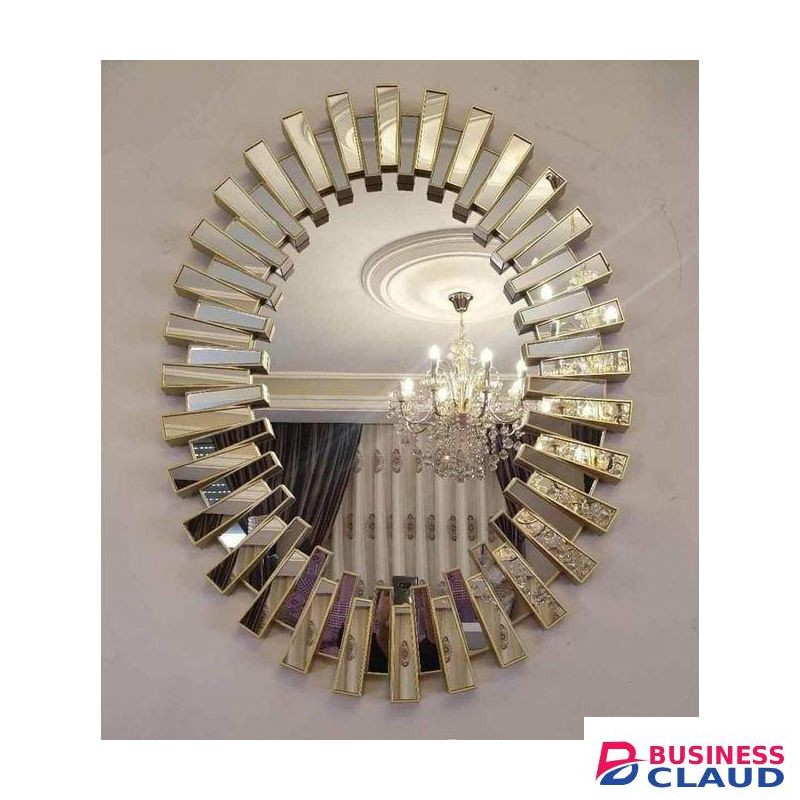 Oval Shaped Sun Burst Round Decor Mirror - Gold