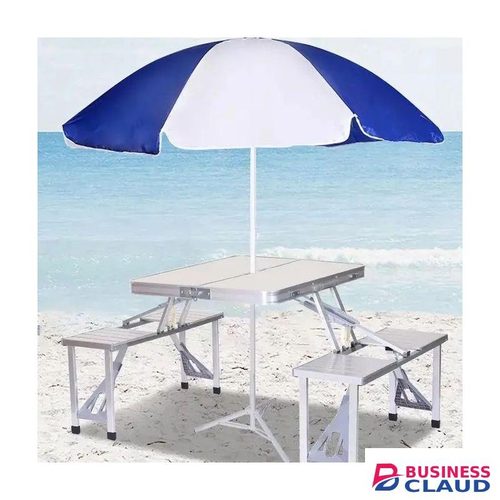 Portable Camping Table With Attached Seats And Umbrella