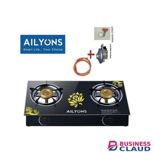 AILYONS Table Top Double Burner Glass Gas Stove Cooker plus 2m pipe and 6kg regulator