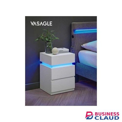 VASAGLE Bedside Table - 3 Drawers -LED Strip - Modern Style Nightstand - White