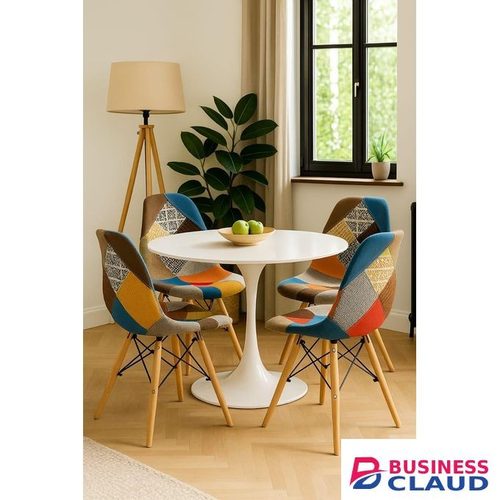 Wooden Top Round Table with Metallic Base & 4 Seater Patchwork Eames Chair Set - Modern, Stylish & Functional