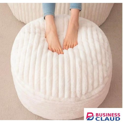 Round Stuffed Pouf Ottoman, Stripe Faux Fur Poufs with Foam Chunk Filling, Furry and Fluffy Pouf Foot Stool Storage Ottoman, 26 X 18 Floor Poufs Foot Rest for Living Room, Beige