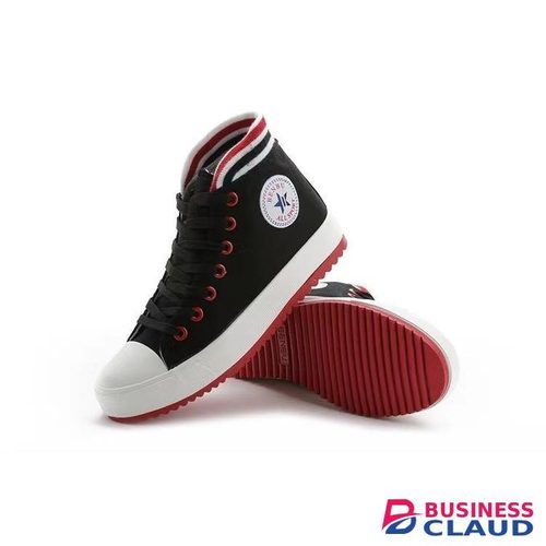 Benbu Fashion Black High-Cut Canvas Sneakers with Red and White Stripe Detail