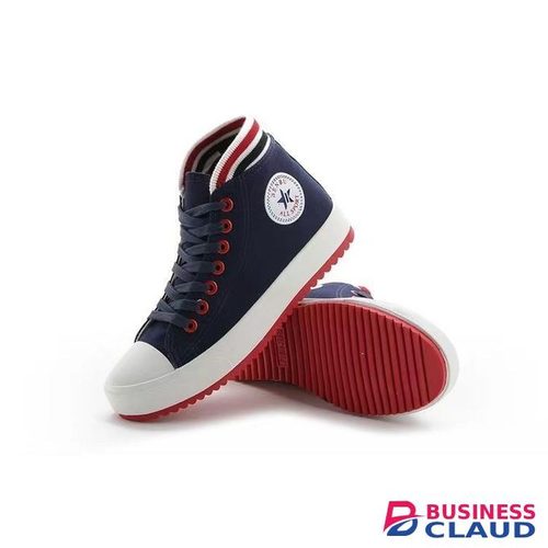 Benbu Fashion Navy Blue High-Cut Canvas Sneakers with Red and White Stripe Detail