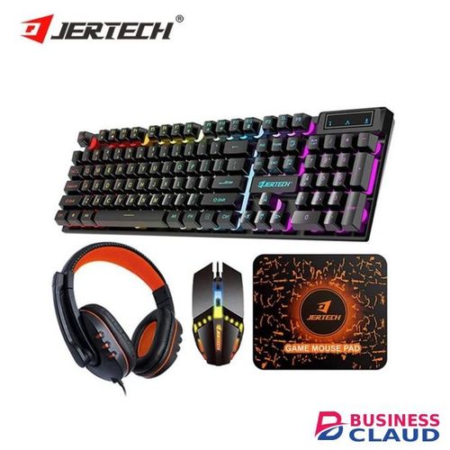 CT4-01 JERTECH 4 in 1 wired anti-ghosting 104 keys color backlight keyboard 1200DPI mouse TWS headset rubber mousepad gaming combo