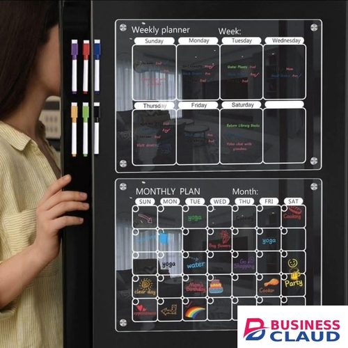 2 pcs Magnetic Weekly and Monthly Fridge Planner Set 40x30cm Acrylic Punch-Free Whiteboard with 8 Colour Markers, Fabric Towel, and Magnetic Holder for Home and Office Organization