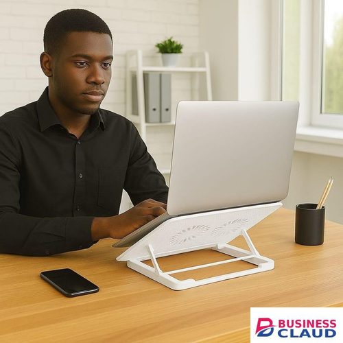 Adjustable Laptop Stand with Built-In Cooling Pad for Ergonomic Comfort, High-Speed Twin Turbo Fans, Multi-Angle Height Adjustment, Quiet Operation for Home, Office, Gaming, and Study