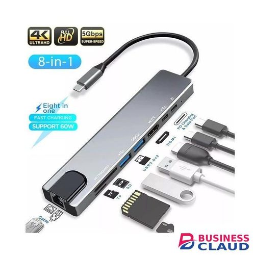 Slim Lightweight Plug-and-Play 8-in-1 USB Hub Type-C Multi-function Hub Multiport Adapter With RJ45 & Ethernet, HDMI, USB 3.0, SD/TFT & PD Ports