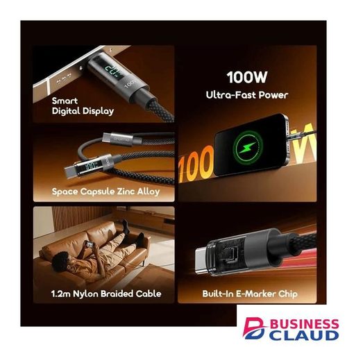 Oraimo DigiLine 100W Fast Charging USB-C Data Cable with Digital Power Display, PD Super Fast Charge Type-C to Type-C Durable Braided Cable for Smartphones, Tablets, Laptops & USB-C Devices