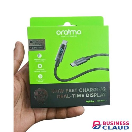Oraimo DigiLine 100W Type-C To Type-C Fast Charging Cable With Real-Time Power Display, E-Marker Smart Protection, 1.2M Durable Nylon Braided Cord For Laptops, Tablets & Smartphones – Super Speed & Safe Power Delivery