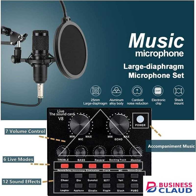 BM800 Condenser Microphone Kit with V8 Sound Card – USB Recording Mic for YouTube, TikTok, Podcast, Music, and Online Streaming