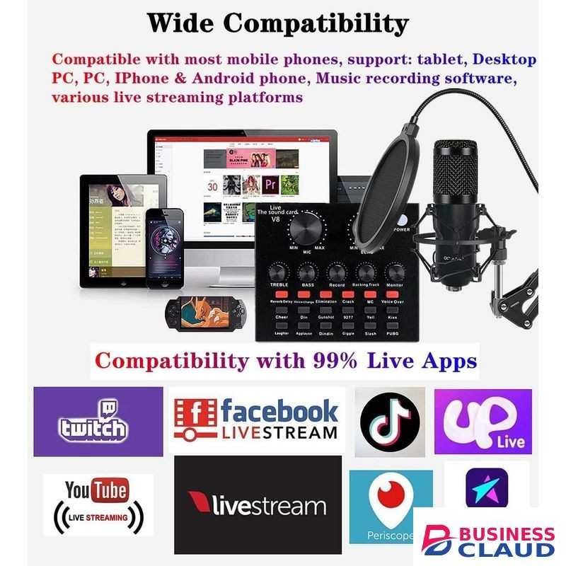 Streaming Bundle – BM-800 Studio Microphone With V8 Live Sound Card & Pop Filter