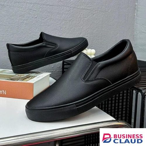 Men's Premium Leather Slip-On Loafers - Full Black - Official Work & School Shoes - All-Black Comfort Sole - Size 40-45