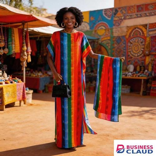 African Women's Kaftan Long Dress 140x80cm - Colorful Striped Printed Breathable Polyester Loose Robe (Comes with a Headscarf)
