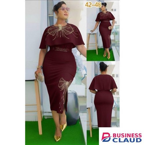 Maroon Butterfly Overflowing Collar Bosslady Multi Color Bottom Women's Official Midi Slit Body Hugging Dress