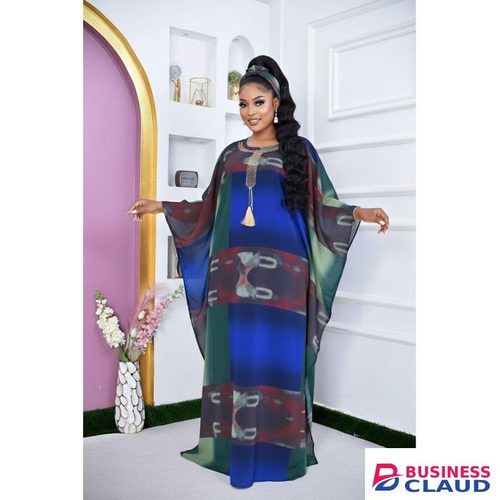 Green Red Multi color Loose Kaftan Scarf 2 piece Chiffon Long sleeve Dashiki Dress