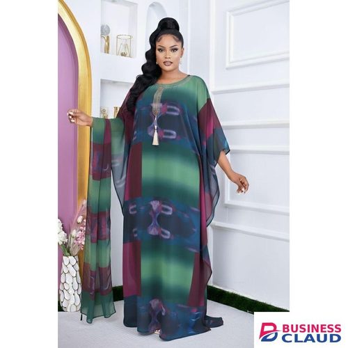 Green Maroon Multi color Loose Kaftan Scarf 2 piece Chiffon Long sleeve Dashiki Dress