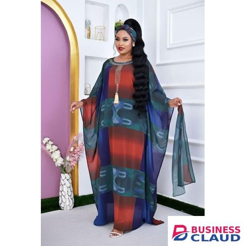 Red Multi color Loose Kaftan Scarf 2 piece Chiffon Long sleeve Dashiki Dress