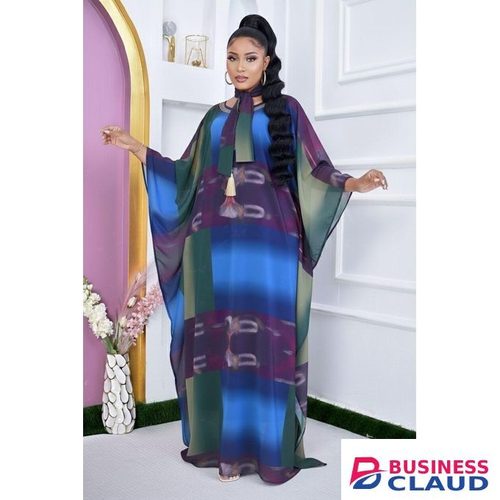Purple Multi color Loose Kaftan Scarf 2 piece Chiffon Long sleeve Dashiki Dress