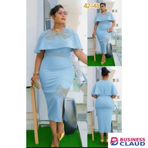 BLUE Butterfly Overflowing Collar Bosslady Multi Color Bottom Women's Official Midi Slit Body Hugging Dress